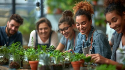 A group of coworkers participating in a team-building workshop, making DIY terrariums as a creative and bonding activity.