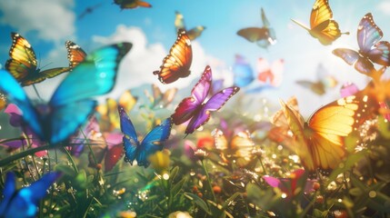 Fototapeta premium A rainbow of butterflies gracefully dancing in a sunlit meadow, a symphony of hues against a clear blue sky.