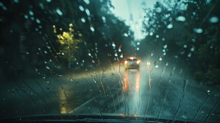 A view through a car window, blurred by the heavy rain outside, encapsulating the challenge of driving in such conditions.

