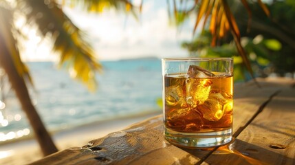 a glass of rum on the beach, ocean, palm trees and sunset, world rum day