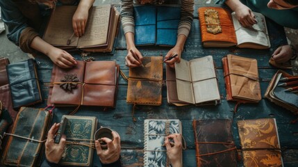 A group of friends crafting handmade journals and notebooks, binding paper with decorative covers for personalized stationery.
