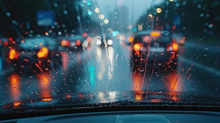 A view through a car window, blurred by the heavy rain outside, encapsulating the challenge of driving in such conditions.

