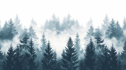 Fototapeta premium A seamless pattern featuring a foggy spruce forest with fir trees isolated on a white background.