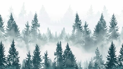 A seamless pattern featuring a foggy spruce forest with fir trees isolated on a white background.

