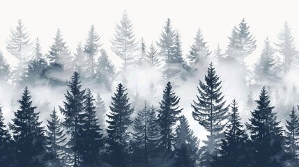 A seamless pattern featuring a foggy spruce forest with fir trees isolated on a white background.

