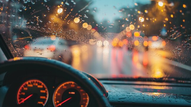A view through a car window, blurred by the heavy rain outside, encapsulating the challenge of driving in such conditions.

