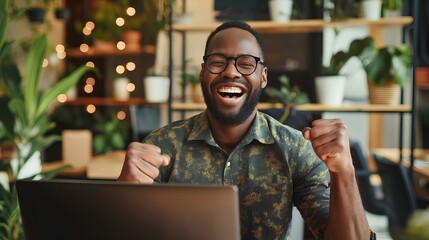 cheerful reputable african american businessman with laptop and gesturing yes, shaking fists celebrating great luck online sitting in modern office. generative AI - Powered by Adobe