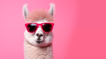 Cute lama alpaca with bubblegum in trendy pink sunglasses, isolated on pink background with copyspace.