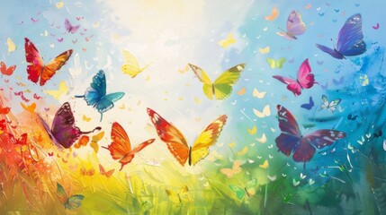 Fototapeta na wymiar A rainbow of butterflies gracefully dancing in a sunlit meadow, a symphony of hues against a clear blue sky.