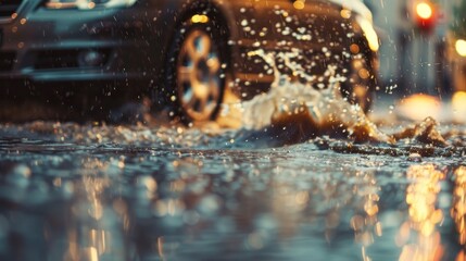 A dynamic image capturing a car making a splash through flood water on a street after a hard rain.

