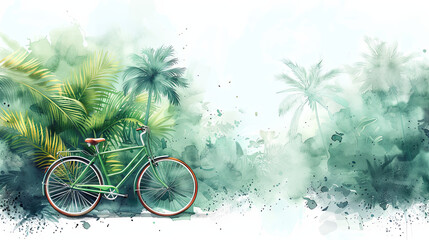 Watercolor illustration of green bike with tropical plant background, summer holiday time