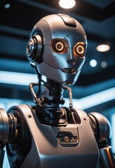 Closeup of a toy robot wearing electric blue headphones as a fashion accessory