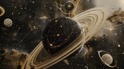 beautiful illustration of the universe cosmic space with planets and stars including minimal geometric graphic elements of the zodiac
