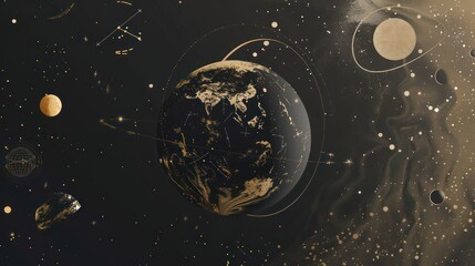 Naklejka premium beautiful illustration of the universe cosmic space with planets and stars including minimal geometric graphic elements of the zodiac
