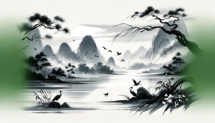 A canvas by traditional brush painting, capturing a serene Eastern landscape