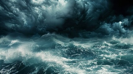 Obraz premium A dramatic scene capturing a stormy seascape, with dark clouds and turbulent waves.