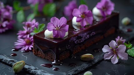  Cake with chocolate frosting and purple flowers on top