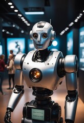 Fototapeta premium Closeup of a toy robot wearing electric blue headphones as a fashion accessory