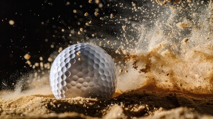 A dramatic image of a white golf ball creating an explosion of golden dry sand against a stark black background.

