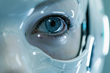 A detailed closeup of a medical AI robots eyes reflecting compassion and the future of healthcare in their digital depth 