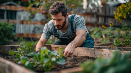 Fototapeta premium A man building a raised garden bed in his backyard, constructing the frame and filling it with soil for planting vegetables.