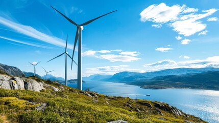 A close-up view of windmill turbines at sea against a clear blue sky, illustrating sustainable energy sources.

