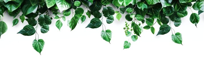Illustration of a banner with green leaves hanging at the top of the image with a empty white background 