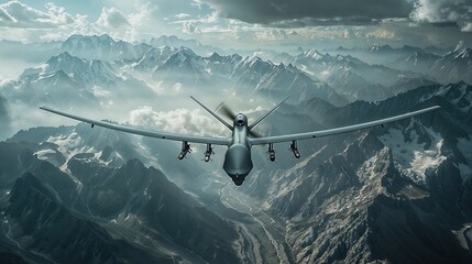 Military Attack Drone Patrolling Mountainous Terrain. Generative ai - obrazy, fototapety, plakaty
