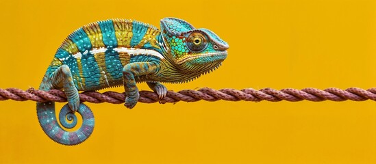Colorful Chameleon on Rope Against Vibrant Yellow Background. Generative ai