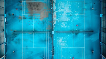 An overhead shot capturing a paddle tennis court, showcasing the layout and markings distinctly from above.

