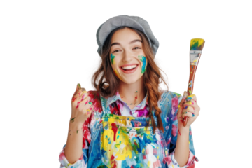 Portrait shot of young Artist woman that painting by brush and color palette with happy joyful attractive smile, isolated on transparent png background.