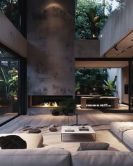 contemporary interior design of a living room open concept with big windows and high-end materials