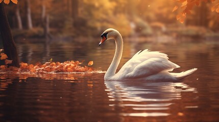 elegant swan rests tranquilly on the water surrounded by autumn leaves, its plumage a soft contrast to the earthy tones of the forest. - Powered by Adobe