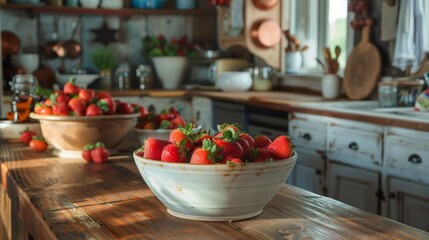 A rustic farmhouse kitchen counter adorned with bowls of ripe strawberries, ready to be turned into delicious homemade jams and preserves.