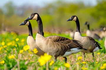 Obraz premium An idyllic image capturing the tranquility of a group of geese grazing on a vibrant green meadow adorned with colorful flowers.