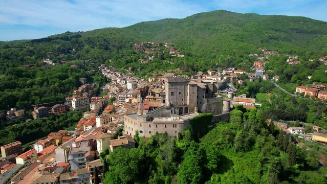 Amazing medieval towns and villages of Tuscia (Viterbo province) - Scenic Soriano nel Cimino with impressive Orsini castle, aerial drone 4k hd video