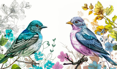 An enchanting coloring book page adorned with whimsical birds, delicate leaves, vibrant flowers, and graceful branches, offering a delightful escape into the world of art and nature.