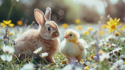   A bunny and duckling sit in a field of daisies Foreground features clear daisies, while a blurry yellow-white background shows additional daisies