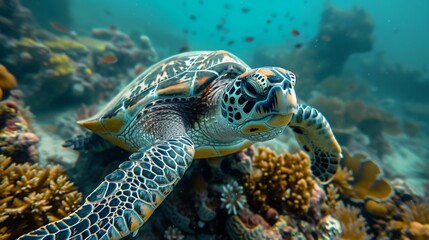 Obraz premium Sea Turtle Swimming Near Coral Reef, Ocean Blues and Greens, YouTube Thumbnail with Text Space on Left, Wildlife Adventure