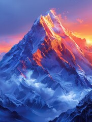 A close-up of a mountain with a blue sky and orange