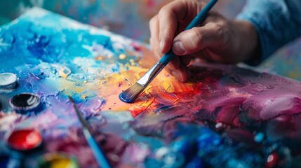 Naklejka premium A person experimenting with watercolor painting techniques, blending colors and creating abstract artwork on paper.