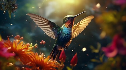 Fototapeta premium exotic colibri, hummingbird on a flower, tropic garden with beautiful multicolor bird.