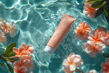 Tube of sunscreen cream in swimming pool with flowers. Skin care and protection concept.