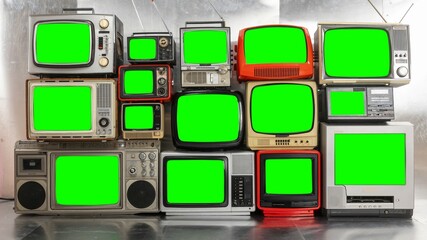 vintage and retro televisions made into a tv wall with green screens