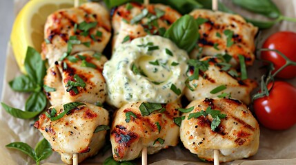   A plate of chicken skewers with side tomatoes and spinach