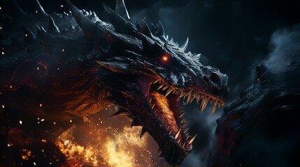 Fire breathes explode from a giant dragon in a black night.