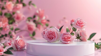 beautiful podium background with pink flowers, very light and cosmetic