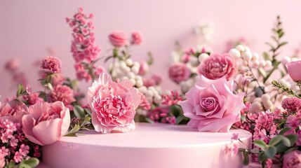 beautiful podium background with pink flowers, very light and cosmetic