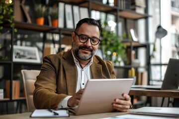 Latin entrepreneur using tablet in modern office business.