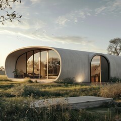 modern tiny house in the field bungalow design with rounded roof on both sides 
